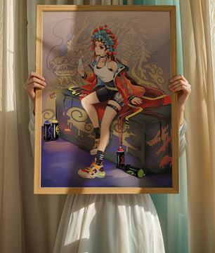 Anime art of a girl in traditional attire with urban elements