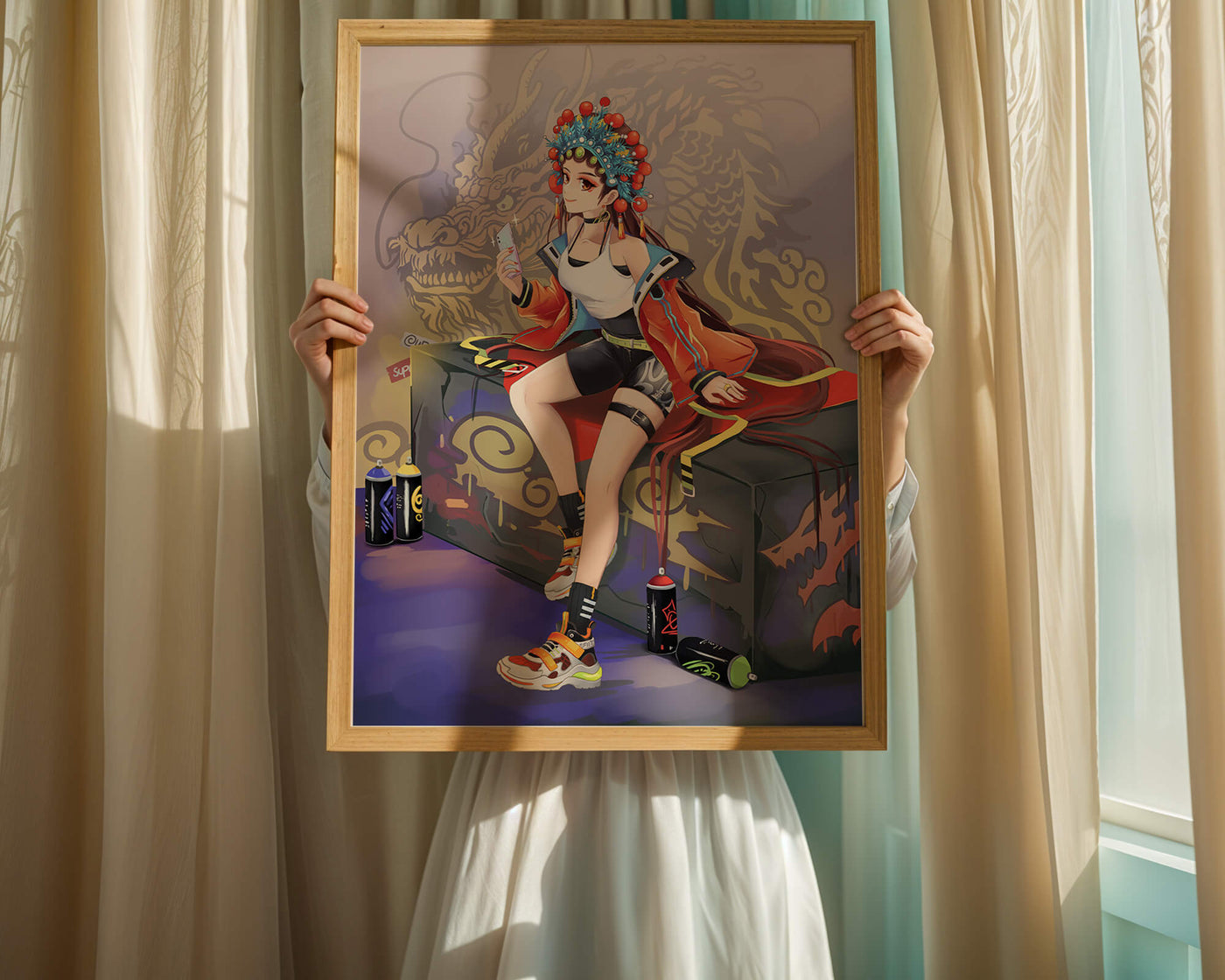 Anime art of a girl in traditional attire with urban elements