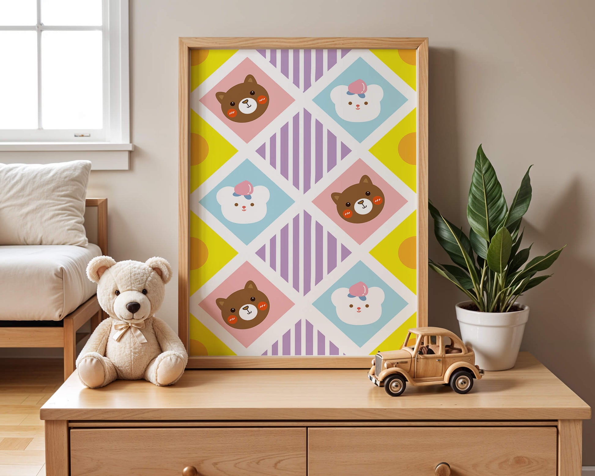 Playful geometric bear and colorful pattern for children's room decor