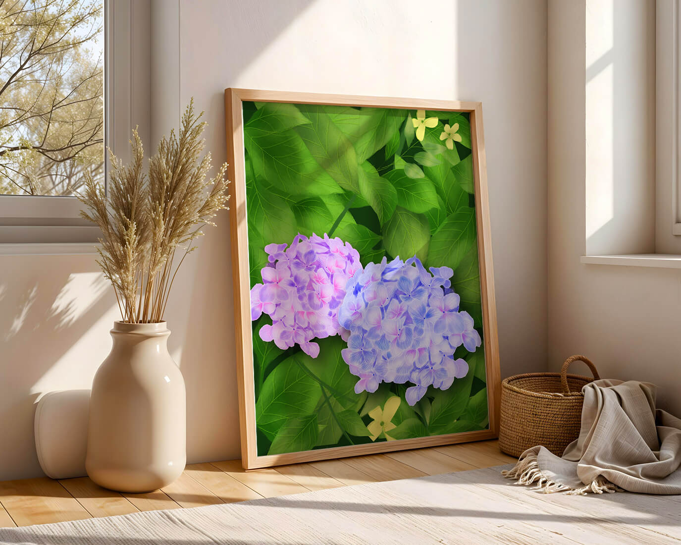 Delicate hydrangeas with lush green leaves in a vibrant botanical scene