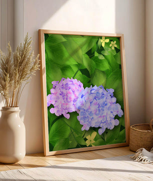 Delicate hydrangeas with lush green leaves in a vibrant botanical scene