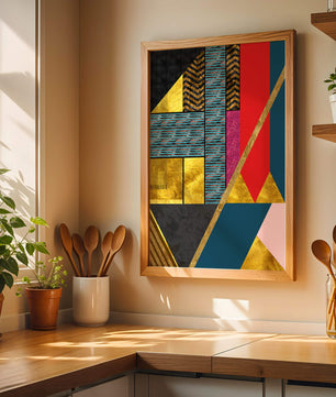 Geometric abstract design with vibrant colors and gold accents