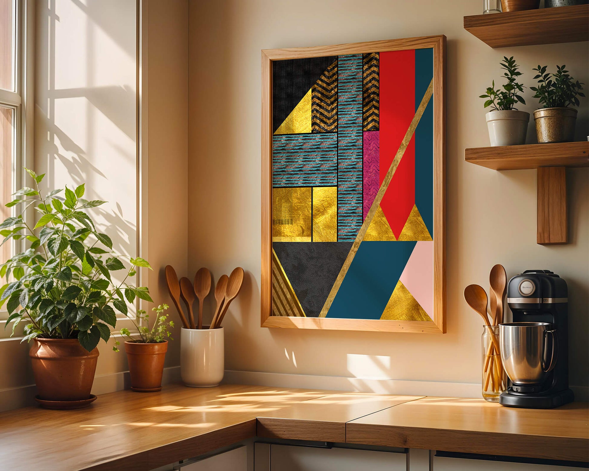 Geometric abstract design with vibrant colors and gold accents