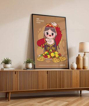 Illustration d’une figure culturelle ouïghoure portant un costume traditionnel et partageant un repas festif