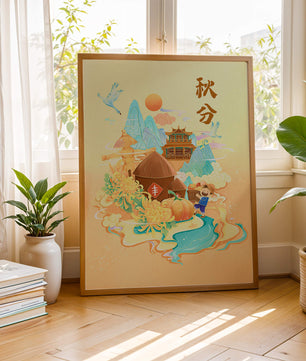Charming autumn scene with traditional elements and nature motifs