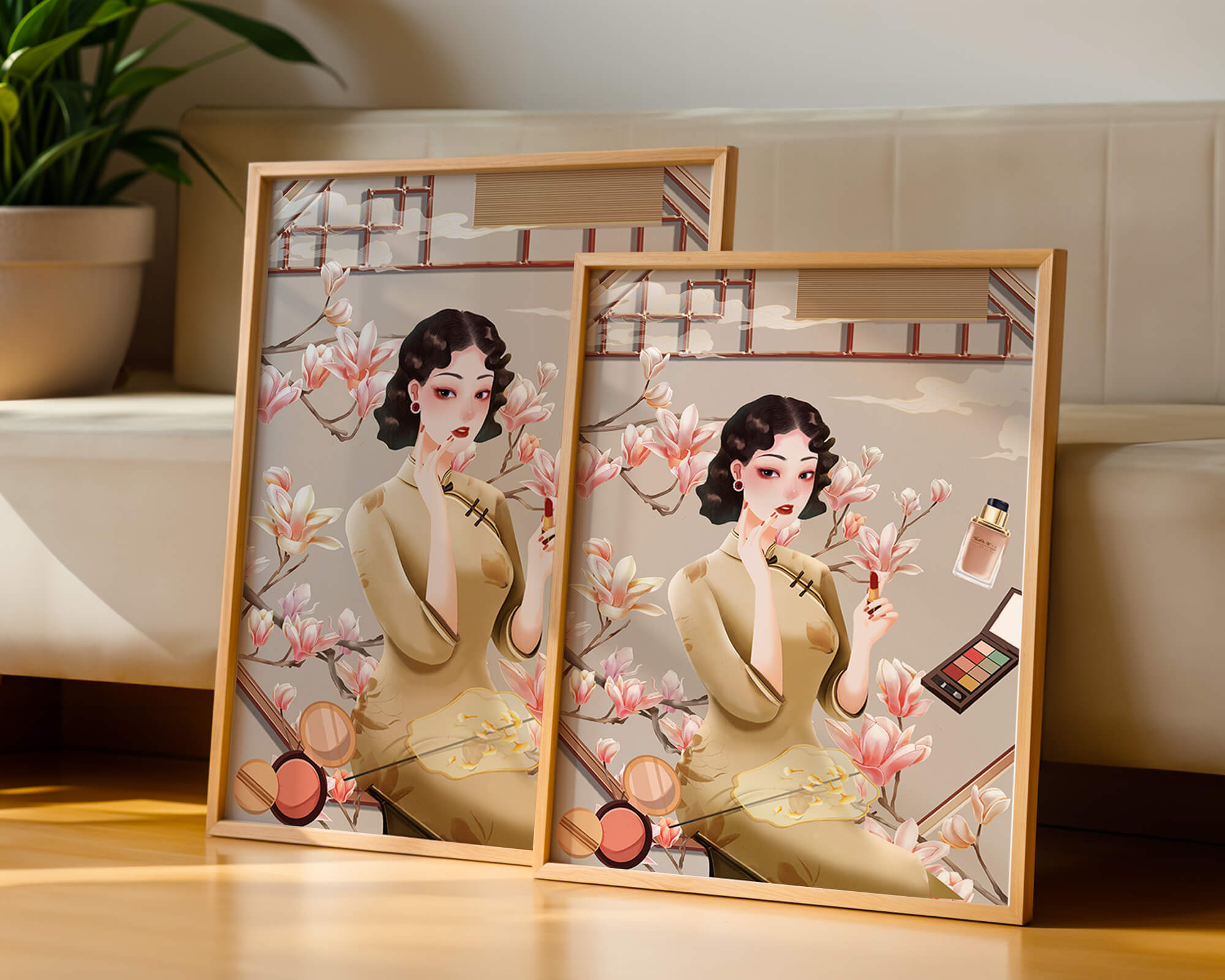Elegant illustration of a woman with makeup and magnolia flowers