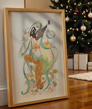 Elegant depiction of an Asian-inspired musician with floral and ribbon motifs