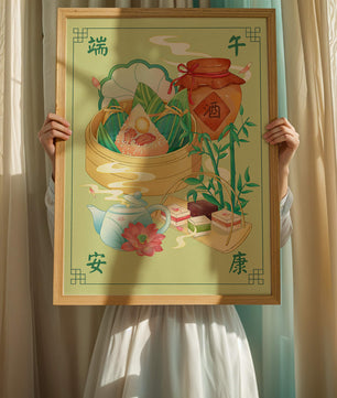 Illustration de nourriture festive chinoise mettant en scène des zongzi traditionnels et un service à thé