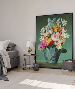 Floral arrangement in a decorative vase on a green background