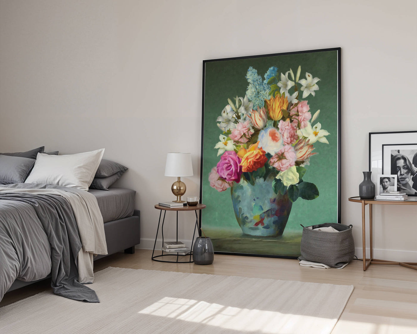 Floral arrangement in a decorative vase on a green background