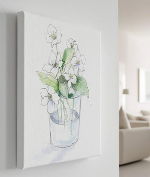Delicadas flores blancas en una ilustración de jarrón de cristal