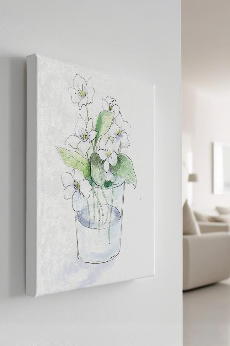 Delicate white flowers in a glass vase illustration