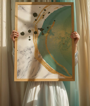 Elegant abstract design with gold accents and teal hues