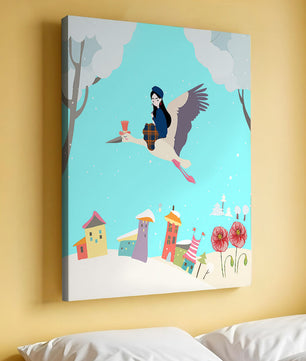 Wunderliche Winterlandschaft mit einem Mädchen auf einem Storch über einem bunten Dorf