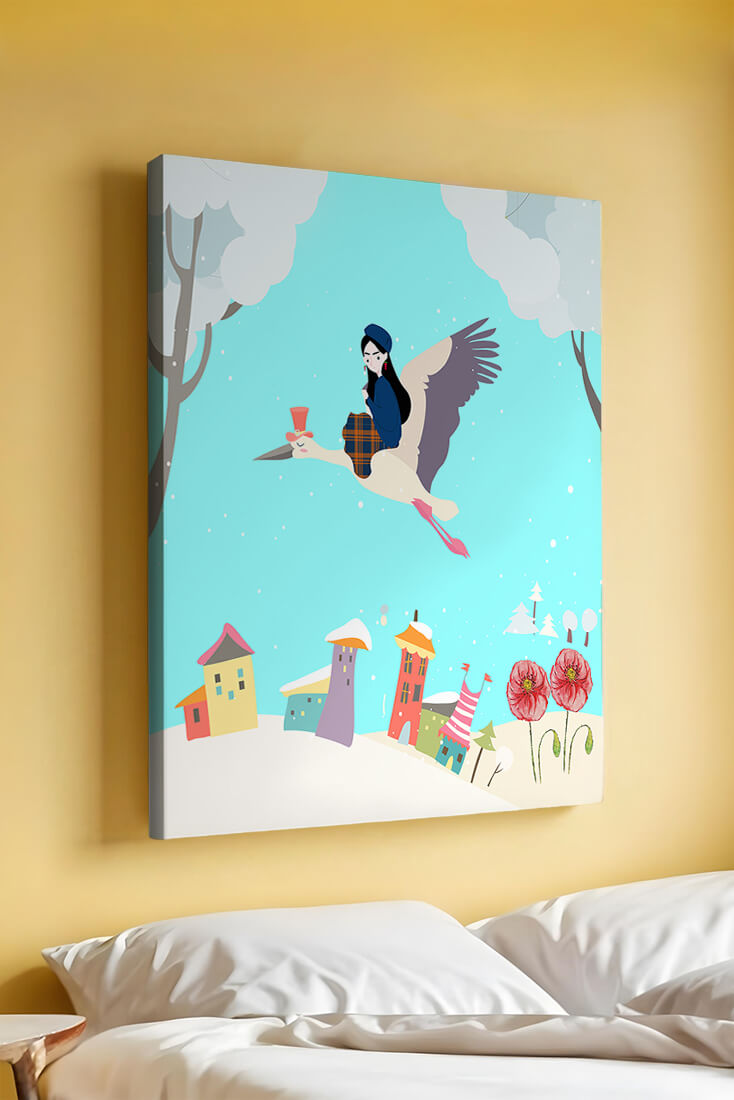 Wunderliche Winterlandschaft mit einem Mädchen auf einem Storch über einem bunten Dorf