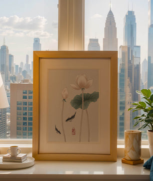 Fleurs de lotus et carpes koï dans une illustration d’art asiatique minimaliste