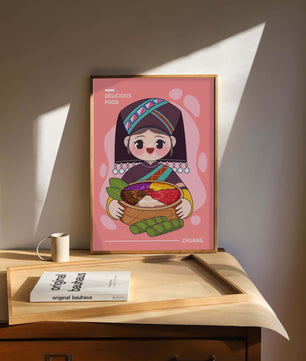 Personnage de dessin animé charmant en tenue traditionnelle tenant un panier de nourriture coloré