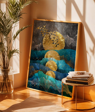 Abstract Landscape with Golden Sun and Flying Birds