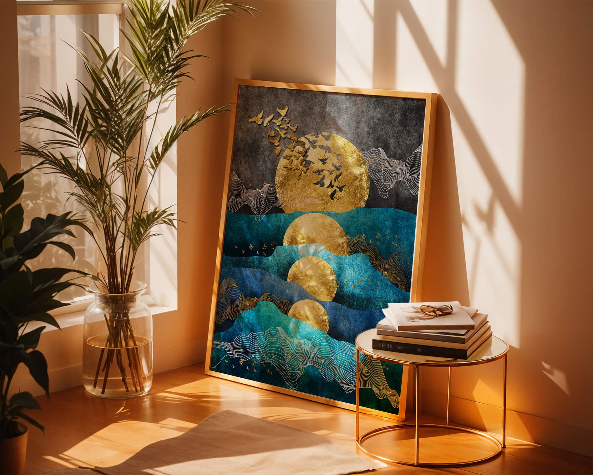 Abstract Landscape with Golden Sun and Flying Birds