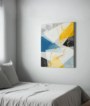 Abstract Geometric Art with Gold Accents in Blue, Yellow, and Gray - Mi tienda