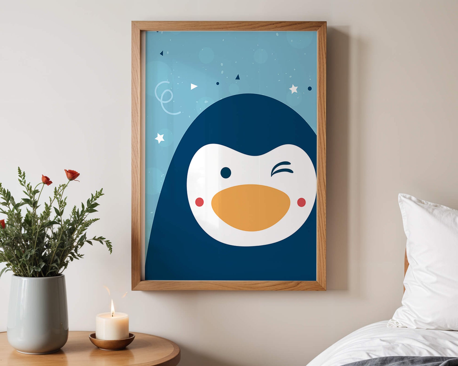 Pingüino de dibujos animados juguetón sobre un fondo azul caprichoso