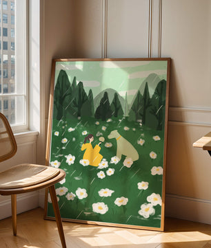 Woman and Dog in a Serene Rainy Meadow with Flowers
