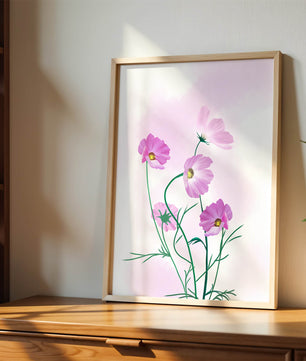 Delicadas flores de cosmos rosa sobre un fondo pastel suave