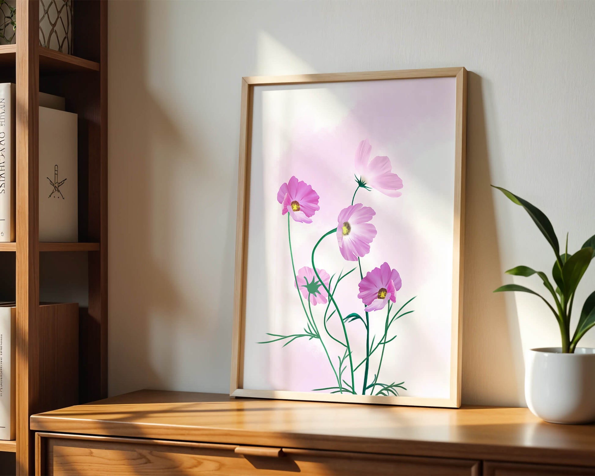Delicate Pink Cosmos Flowers on Soft Pastel Background