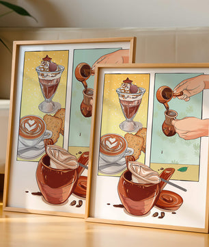Ilustración artística de café y postre con detalles dorados