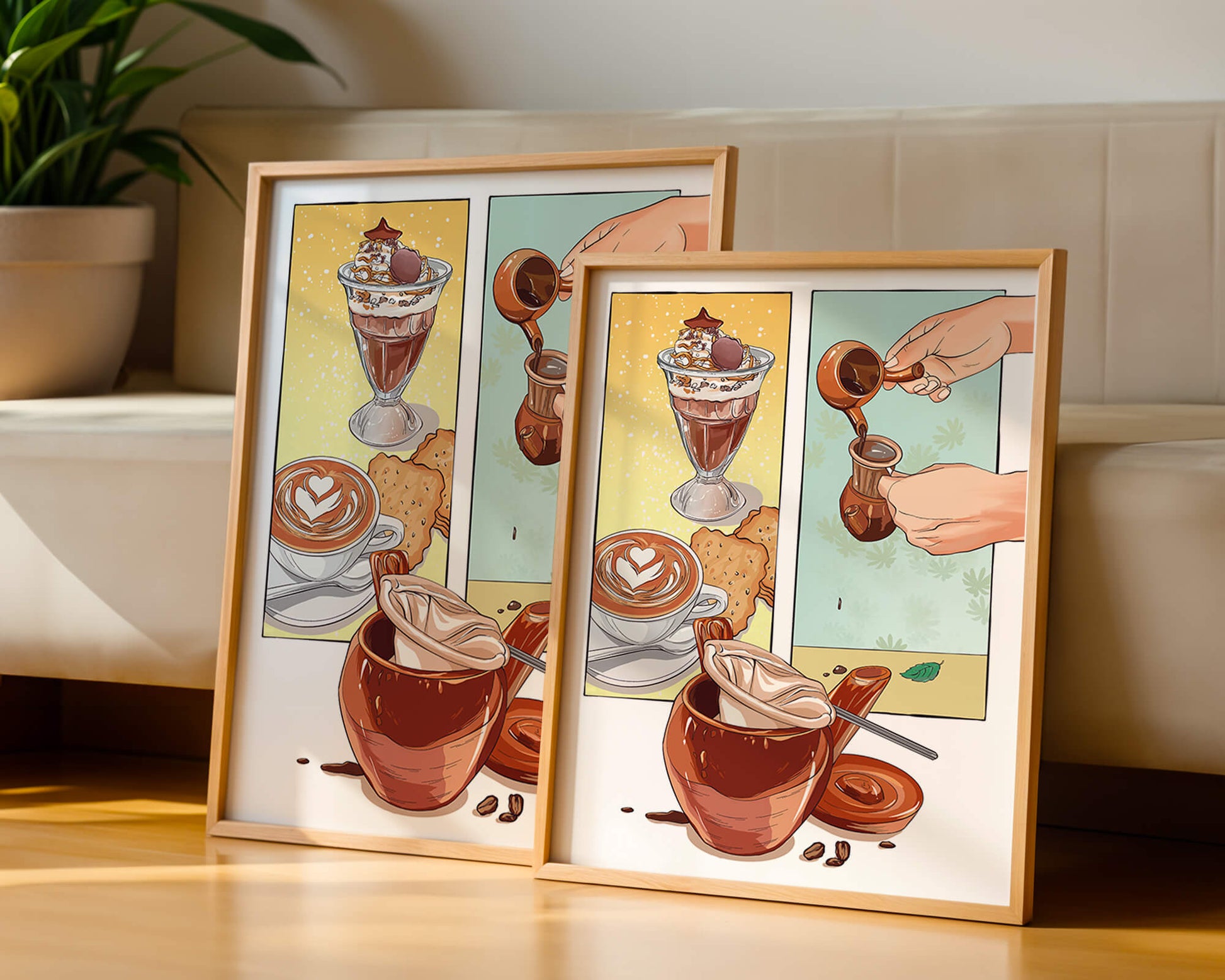 Ilustración artística de café y postre con detalles dorados