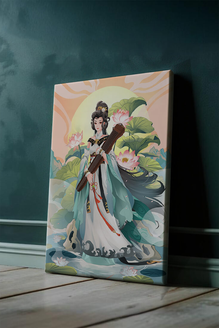 Elegant woman with traditional clothing and musical instrument in serene nature setting