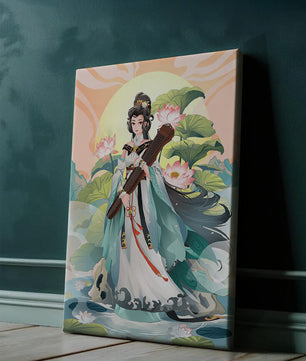 Elegant woman with traditional clothing and musical instrument in serene nature setting