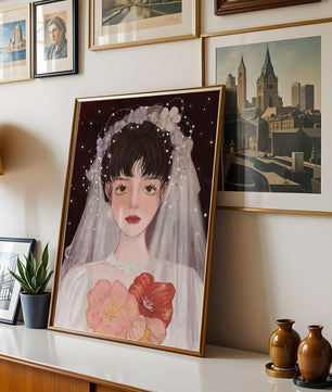 Elegant bridal portrait with floral crown and veil