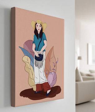 Ilustración de moda de una mujer con sombrero sobre fondo pastel