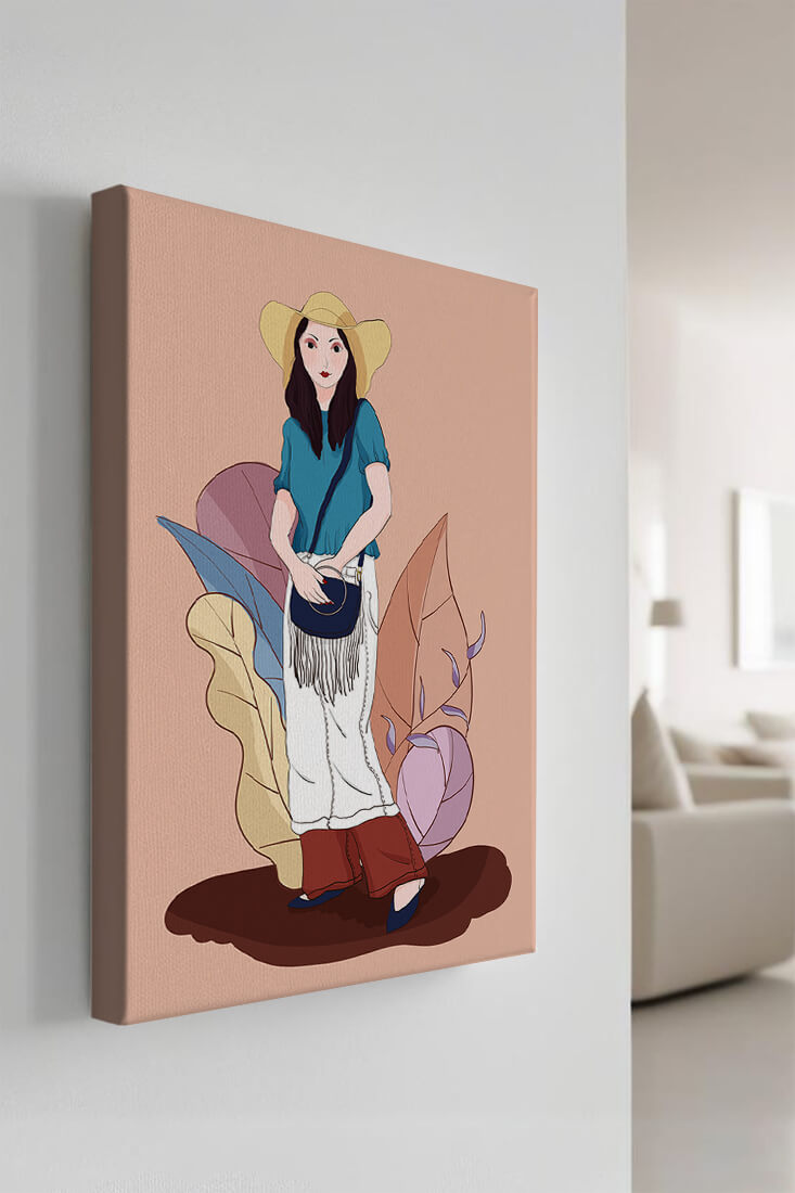 Ilustración de moda de una mujer con sombrero sobre fondo pastel