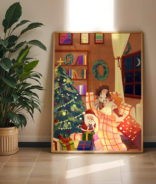 Cozy Christmas scene with tree, gifts, and a child by the window