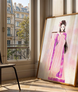 Illustration élégante à l’aquarelle d’une femme traditionnelle en tenue rose