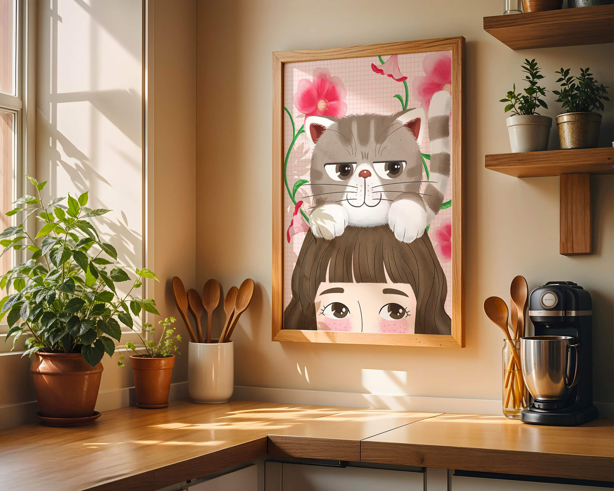 Illustration of a cat sitting on a person's head with pink flowers