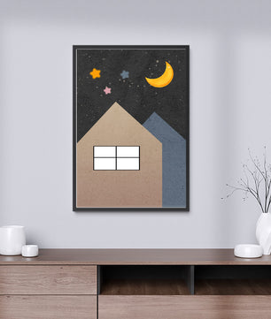 Charming Night Sky with Moon, Stars, and Houses - Mi tienda