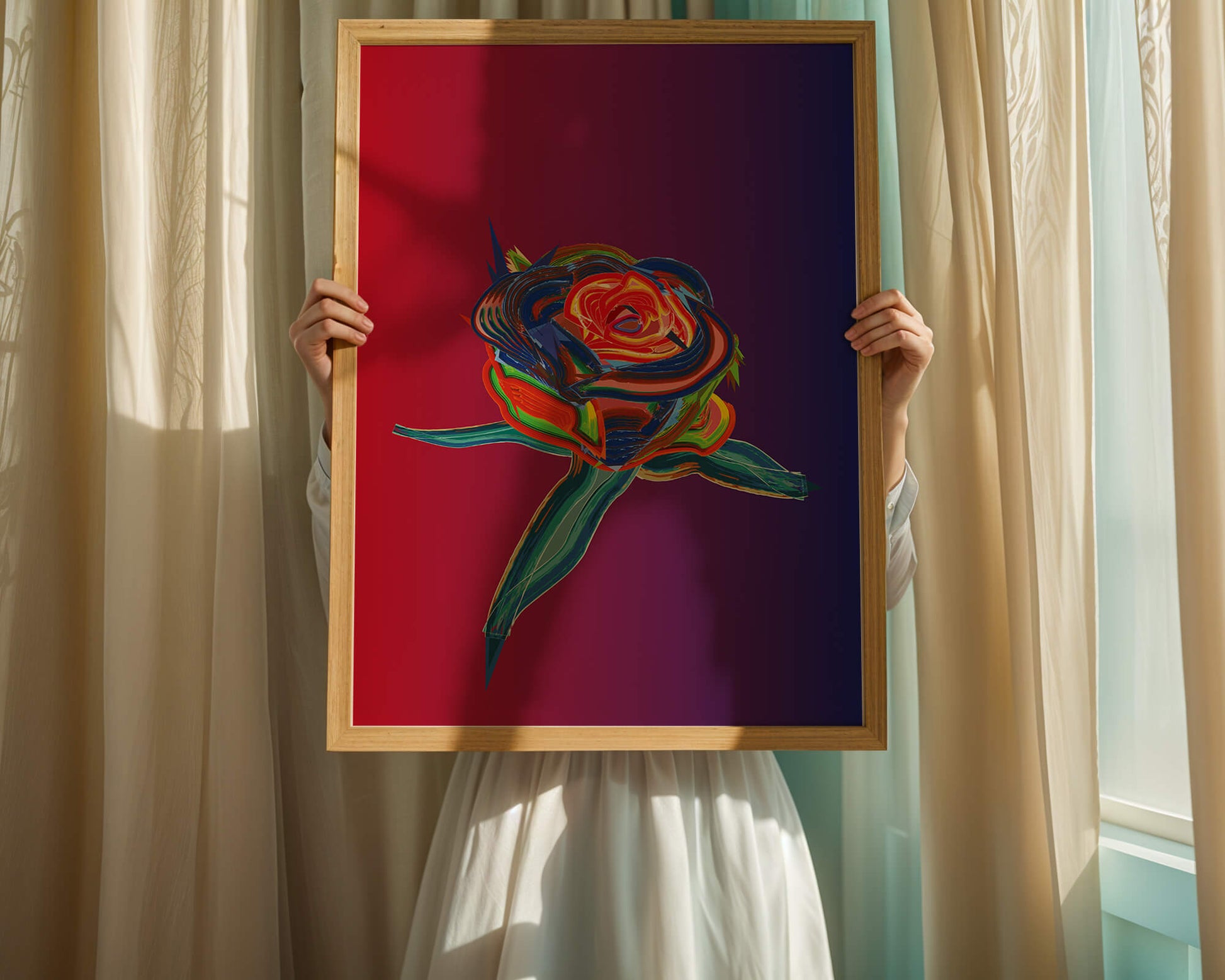 Rosa abstracta vibrante con colores dinámicos sobre fondo degradado