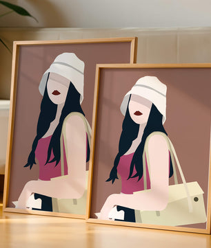 Ilustración elegante de una mujer con sombrero de cubo y ropa casual