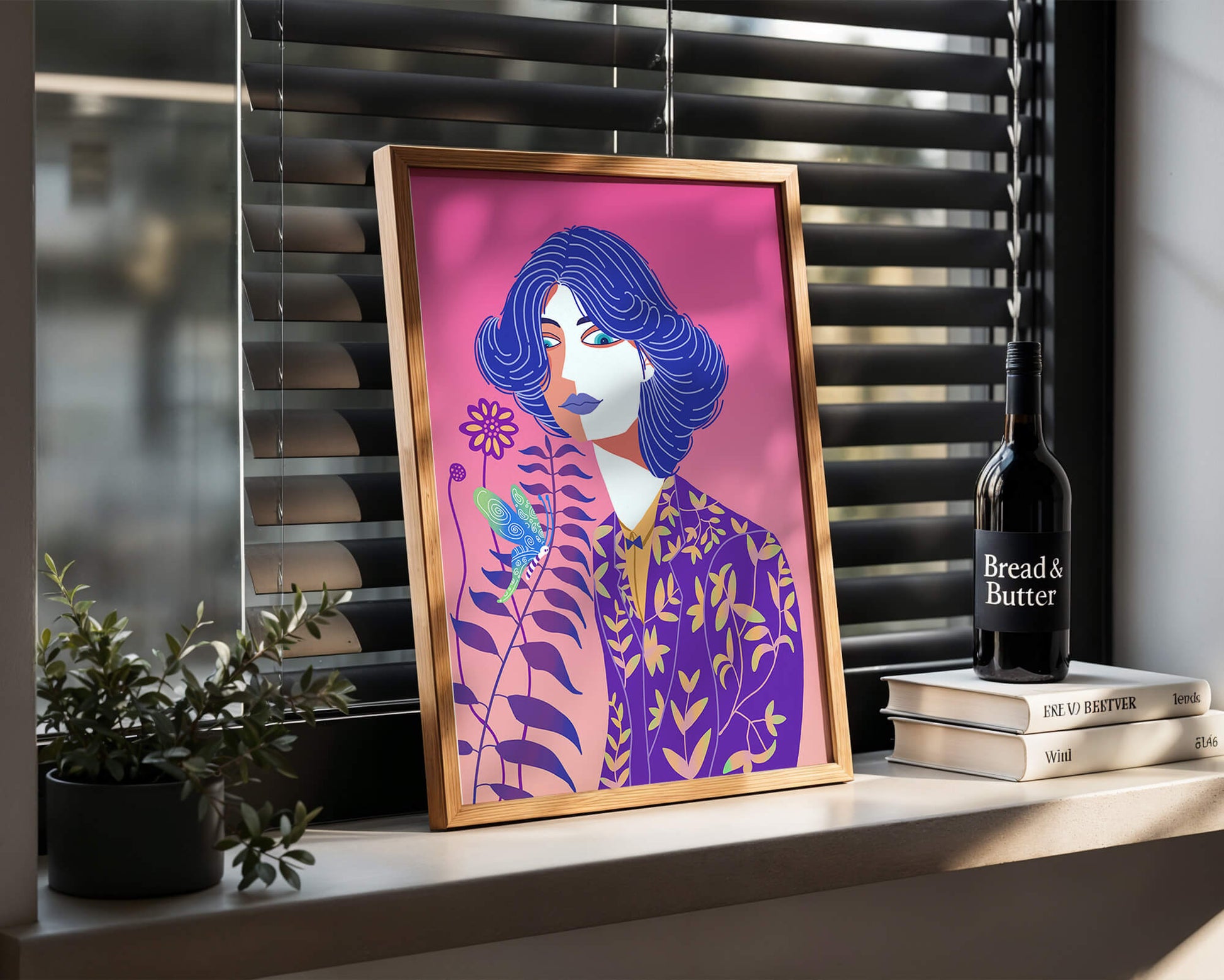 Stylized Portrait of a Woman with Blue Hair and Botanical Pattern