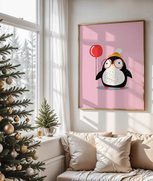 Ilustración adorable de un pingüino con globo y gafas