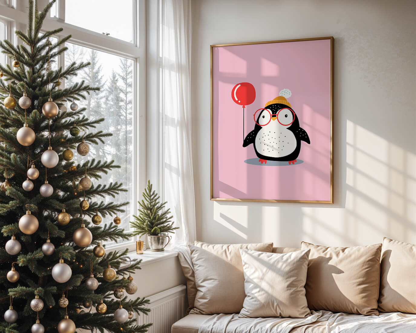 Adorable penguin with balloon and glasses illustration