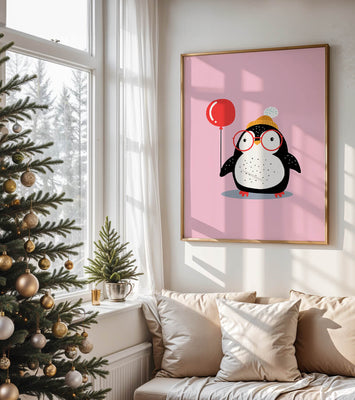 Adorable penguin with balloon and glasses illustration