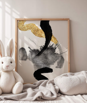 Abstract black and gold brushstrokes with textured patterns