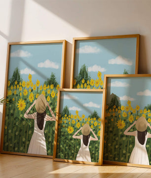 Mujer con vestido blanco admirando un campo de girasoles