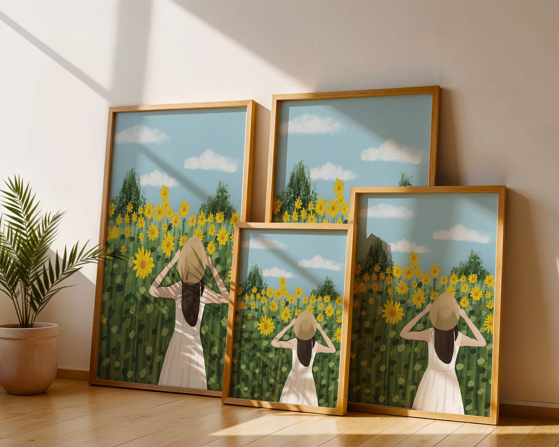 Mujer con vestido blanco admirando un campo de girasoles
