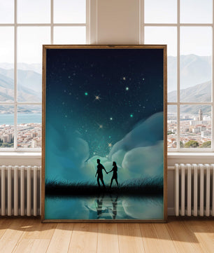 Pareja romántica paseando bajo la noche estrellada con reflejos celestiales