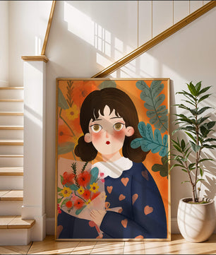 Ilustración encantadora de una chica con flores y corazones
